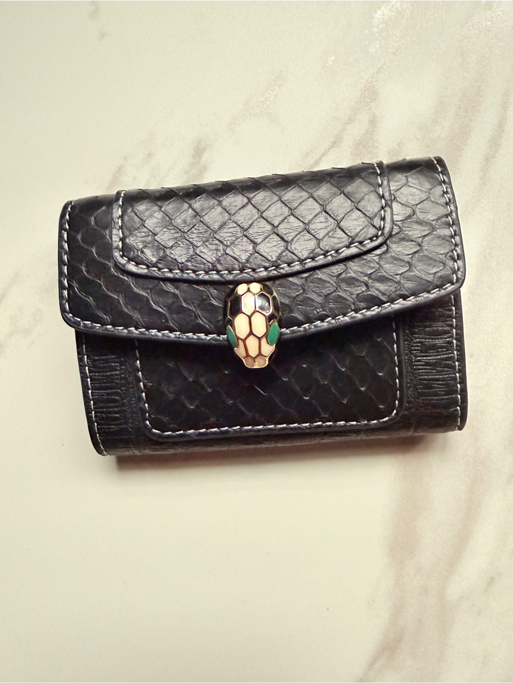 Sea Snake Skin and real Leather Cards Holder with Enamel Clasp